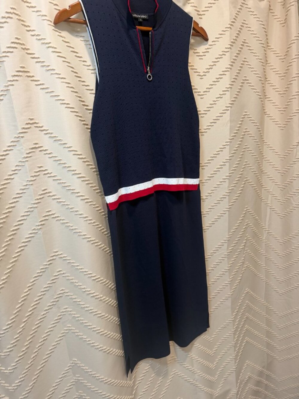 Leo & Ugo Dress Knit Navy Blue Red White Layered Mock Neck Zip France Summer - Picture 6 of 12